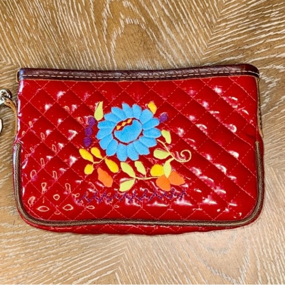 Consuela Red Quilted Wristlet with Multicolor Floral Embroidery